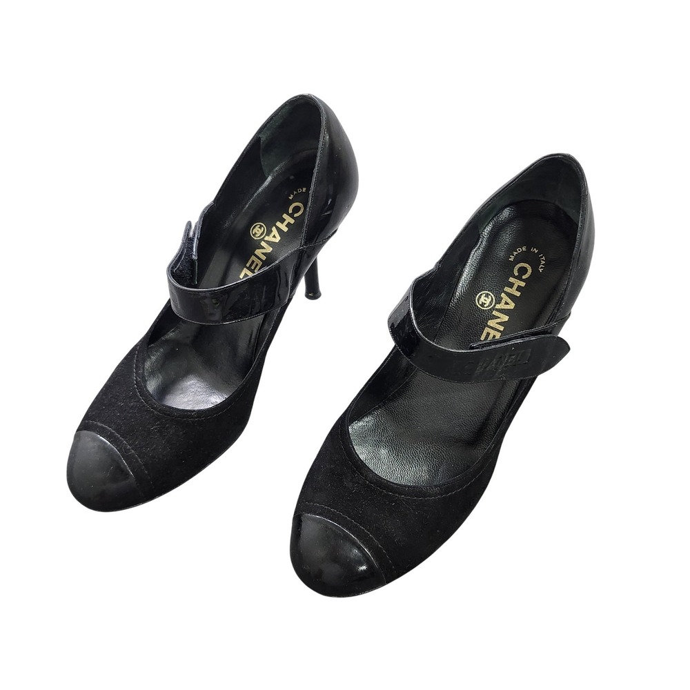 CHANEL Black Mary Jane Cap-Toe Suede & Leather Heels